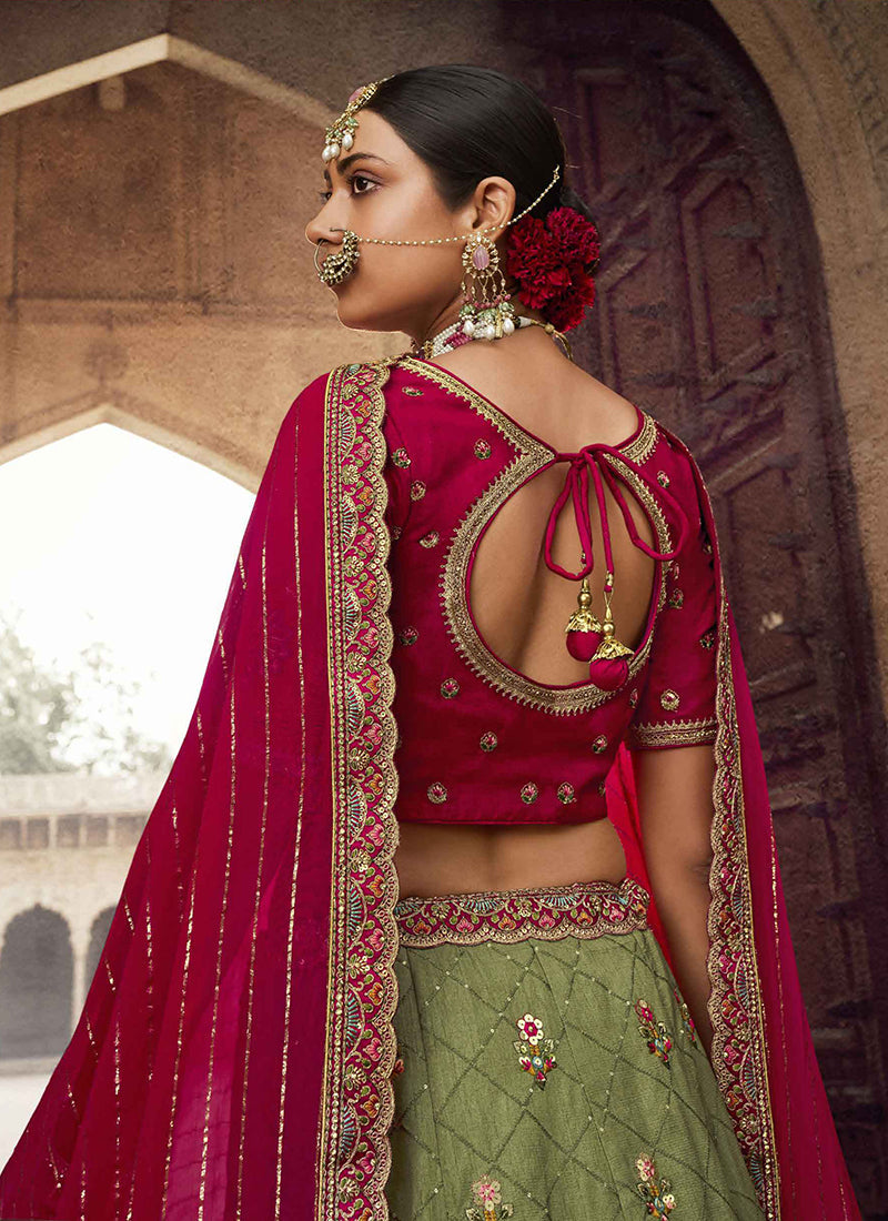 Green Red Embroidery Viscose Lehenga Choli