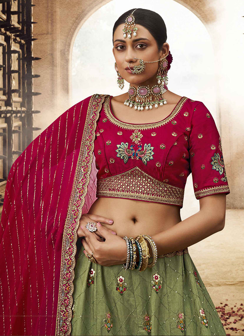 Green Red Embroidery Viscose Lehenga Choli