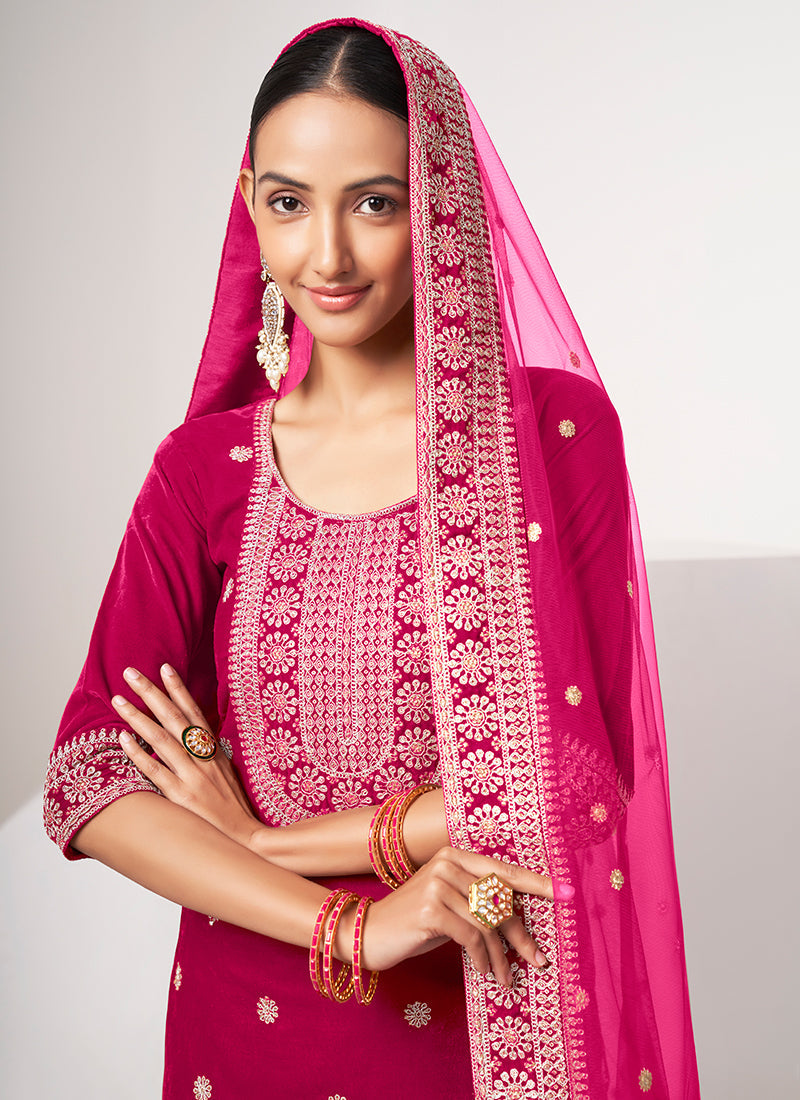 Magenta Traditional Embroidery Pant Style Suit