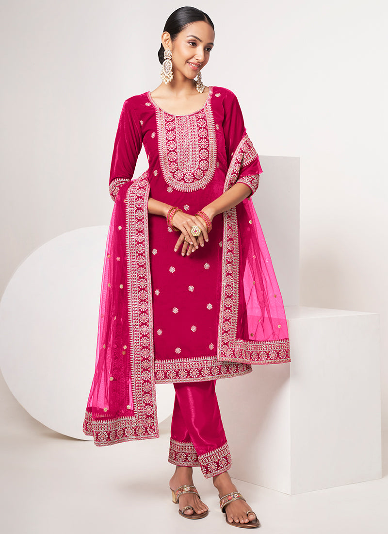 Magenta Traditional Embroidery Pant Style Suit