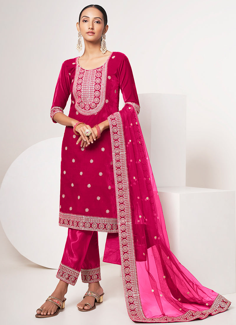 Magenta Traditional Embroidery Pant Style Suit