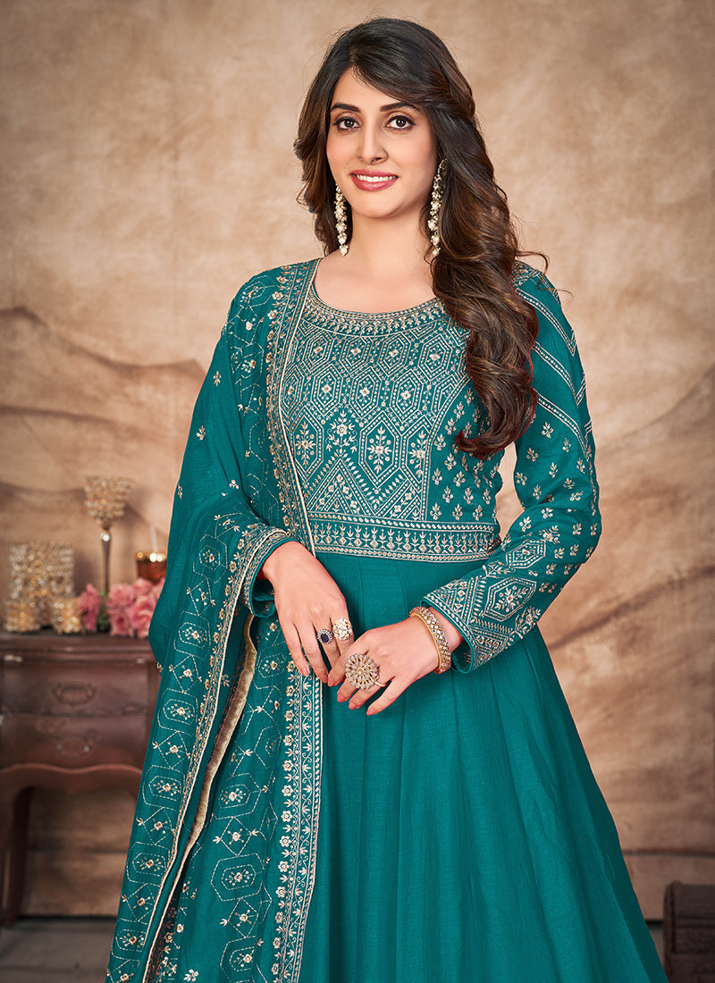 Turquoise Sequence Embroidered Silk Anarkali Suit