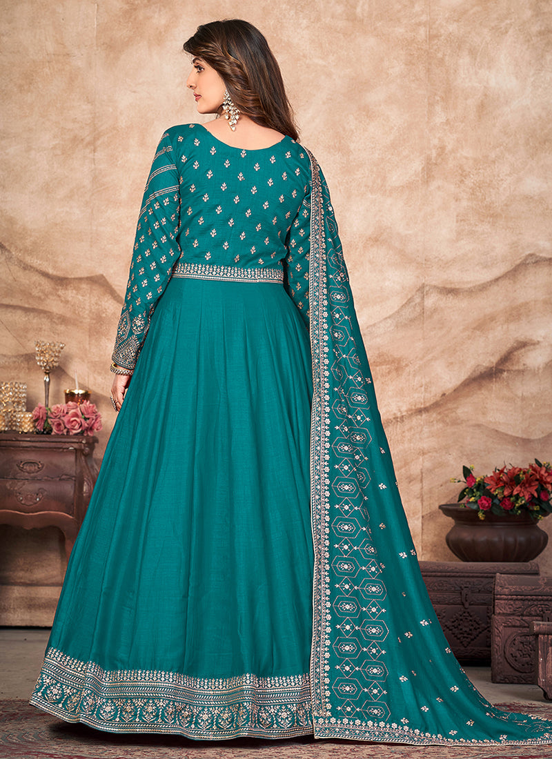 Turquoise Sequence Embroidered Silk Anarkali Suit