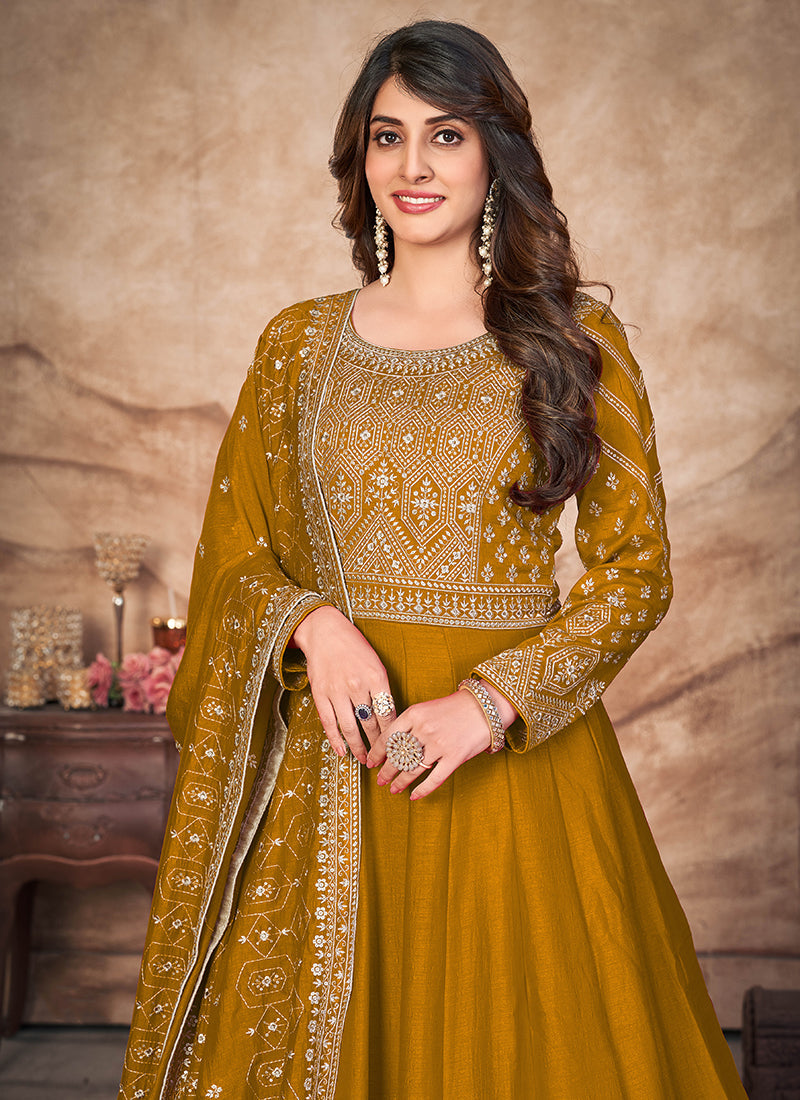 Yellow Sequence Embroidered Silk Anarkali Suit