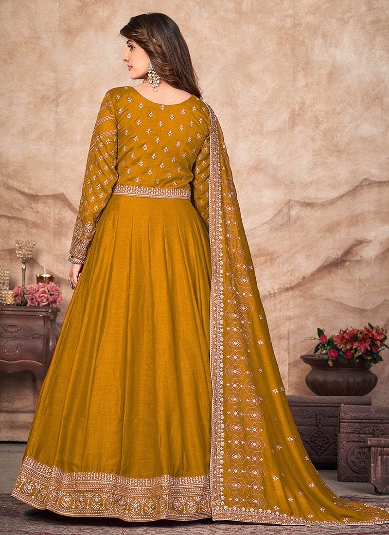 Yellow Sequence Embroidered Silk Anarkali Suit