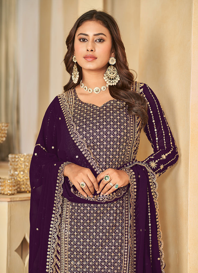 Purple Golden Sequence Embroidery Gharara Style Suit