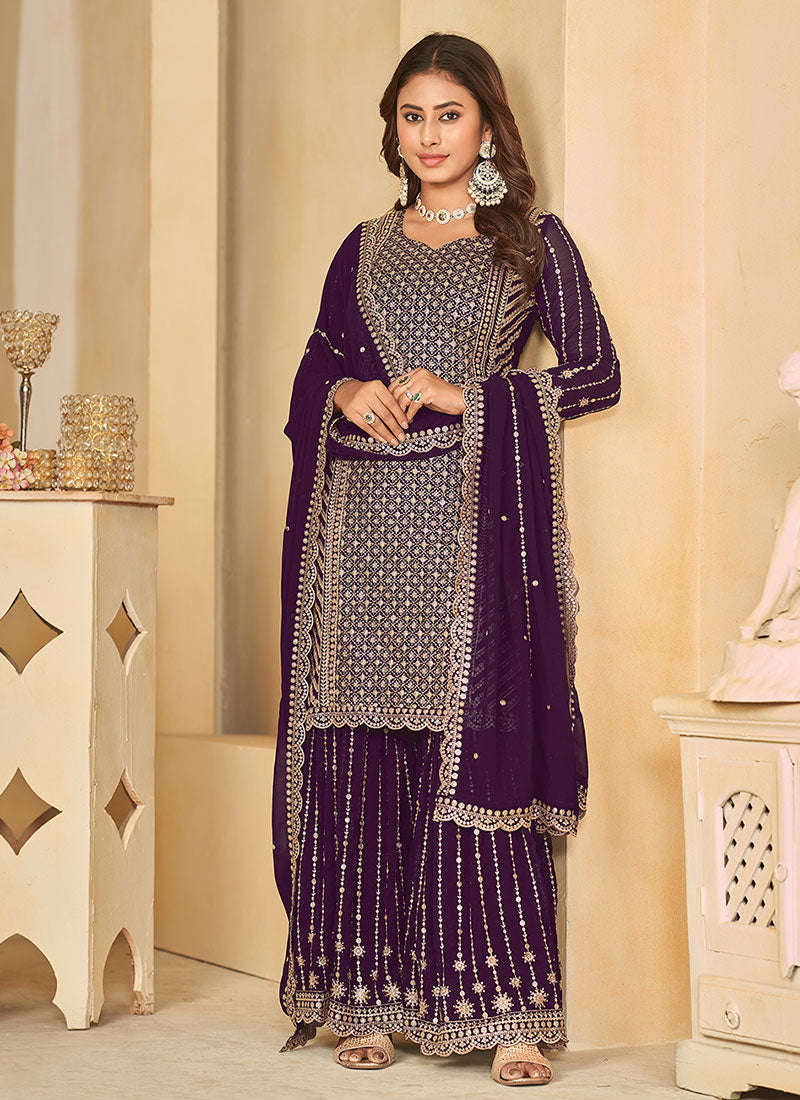 Purple Golden Sequence Embroidery Gharara Style Suit