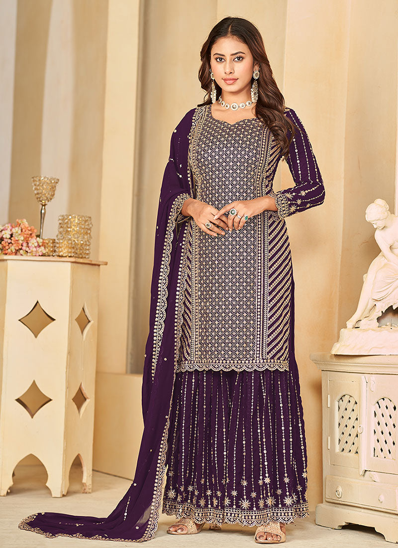 Purple Golden Sequence Embroidery Gharara Style Suit