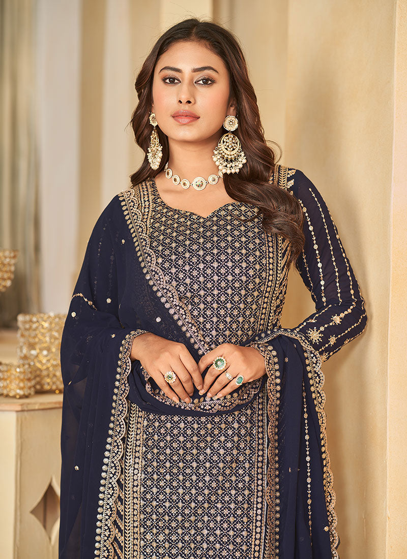 Blue Golden Sequence Embroidery Gharara Style Suit