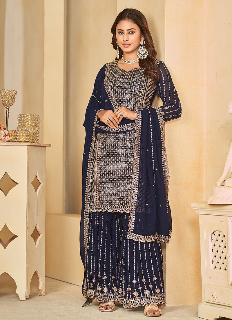 Blue Golden Sequence Embroidery Gharara Style Suit