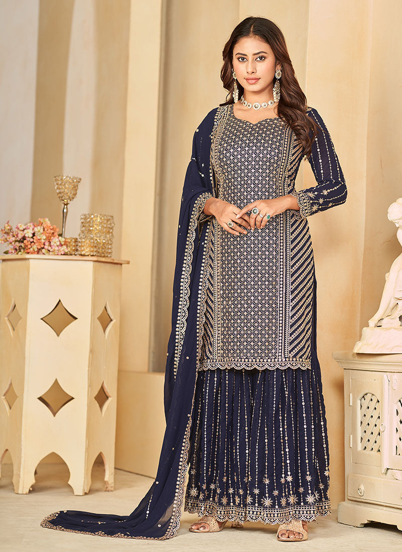 Blue Golden Sequence Embroidery Gharara Style Suit