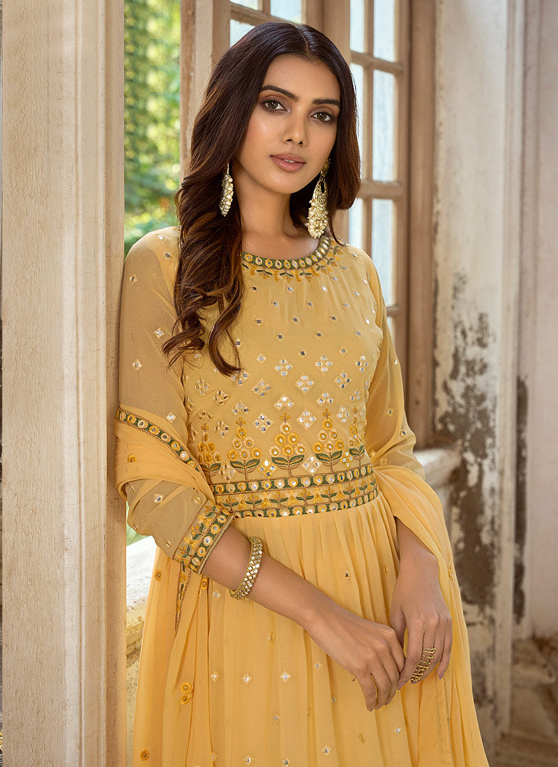 Yellow Multi Embroidery Traditional Georgette Palazzo Suit