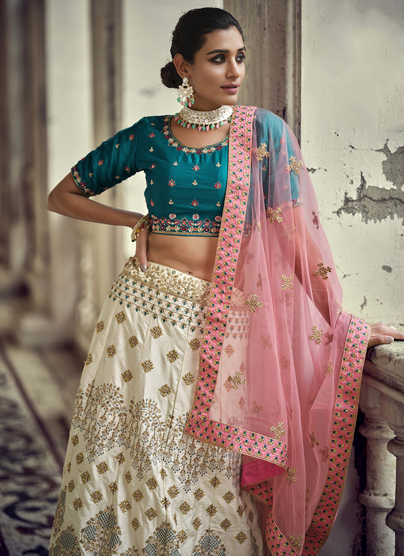 Teal And White Designer Embroidery Wedding Lehenga Choli