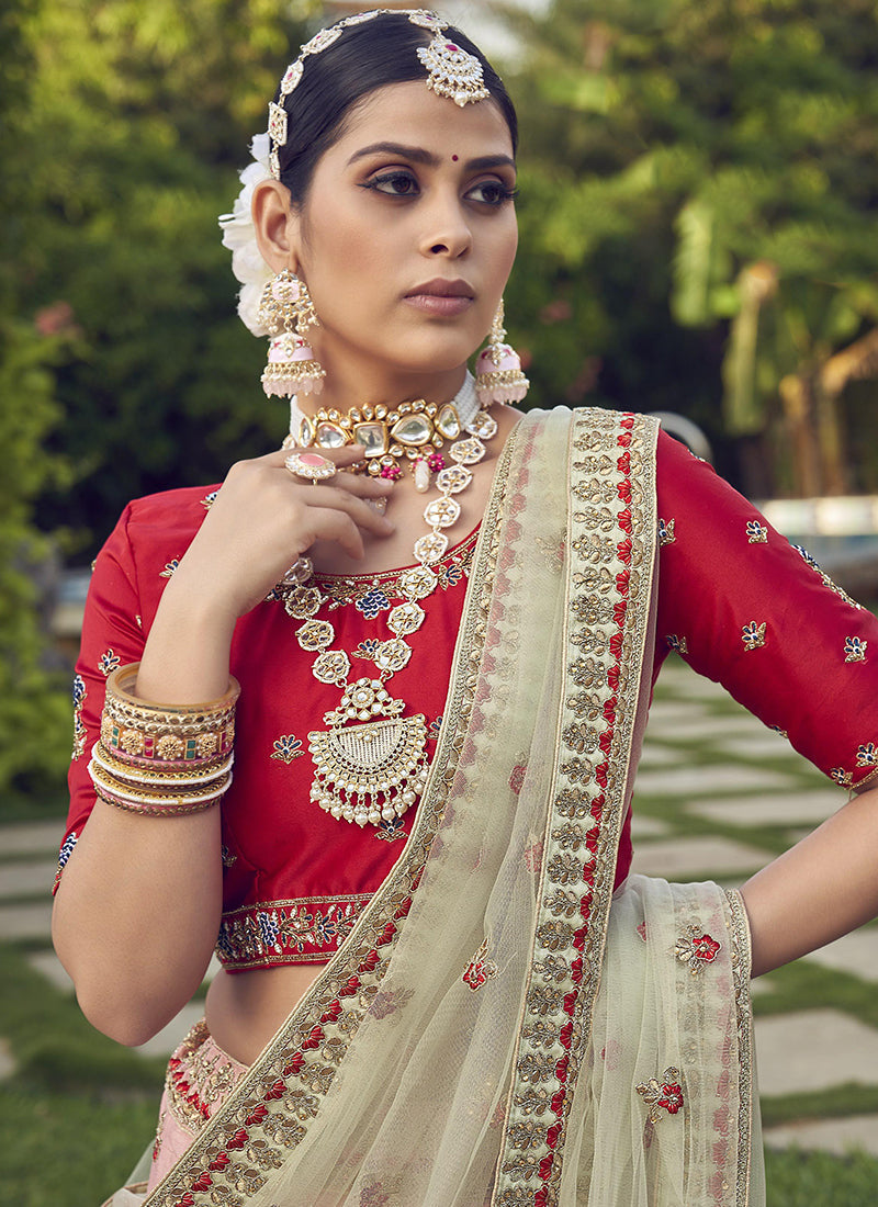 Red And Pink Designer Embroidery Wedding Lehenga Choli