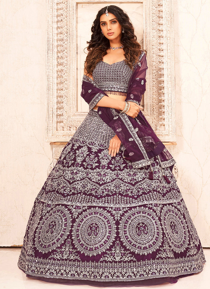 Wine Handwork Embroidery Net Lehenga Choli