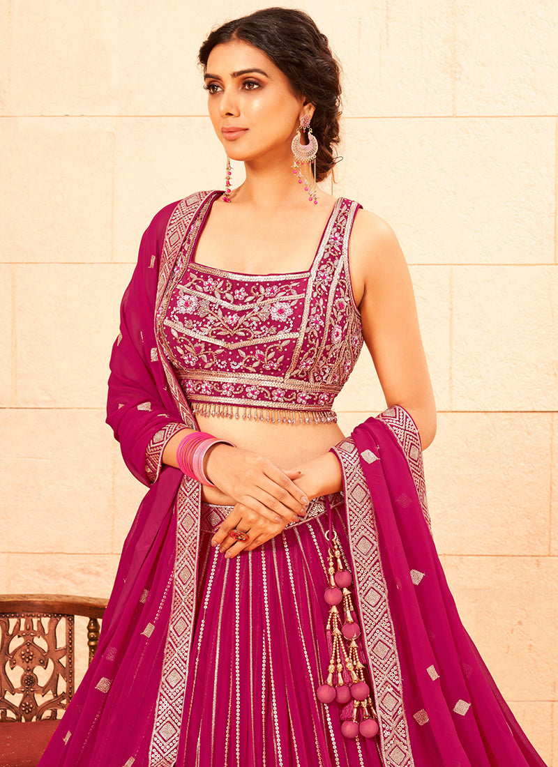 Hot Pink Handwork Embroidery Georgette Lehenga Choli