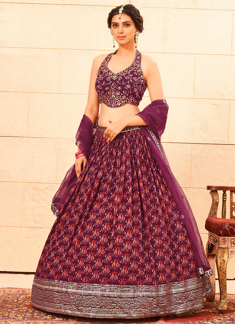 Maroon Handwork Embroidery Georgette Lehenga Choli