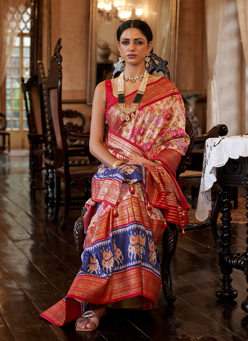 White And Crimson Ikat Printed Patola Silk Saree