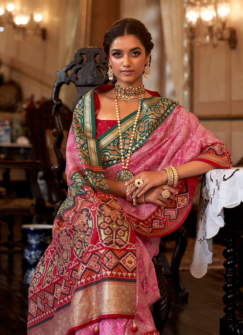 Pink Multicolored Ikat Printed Patola Silk Saree