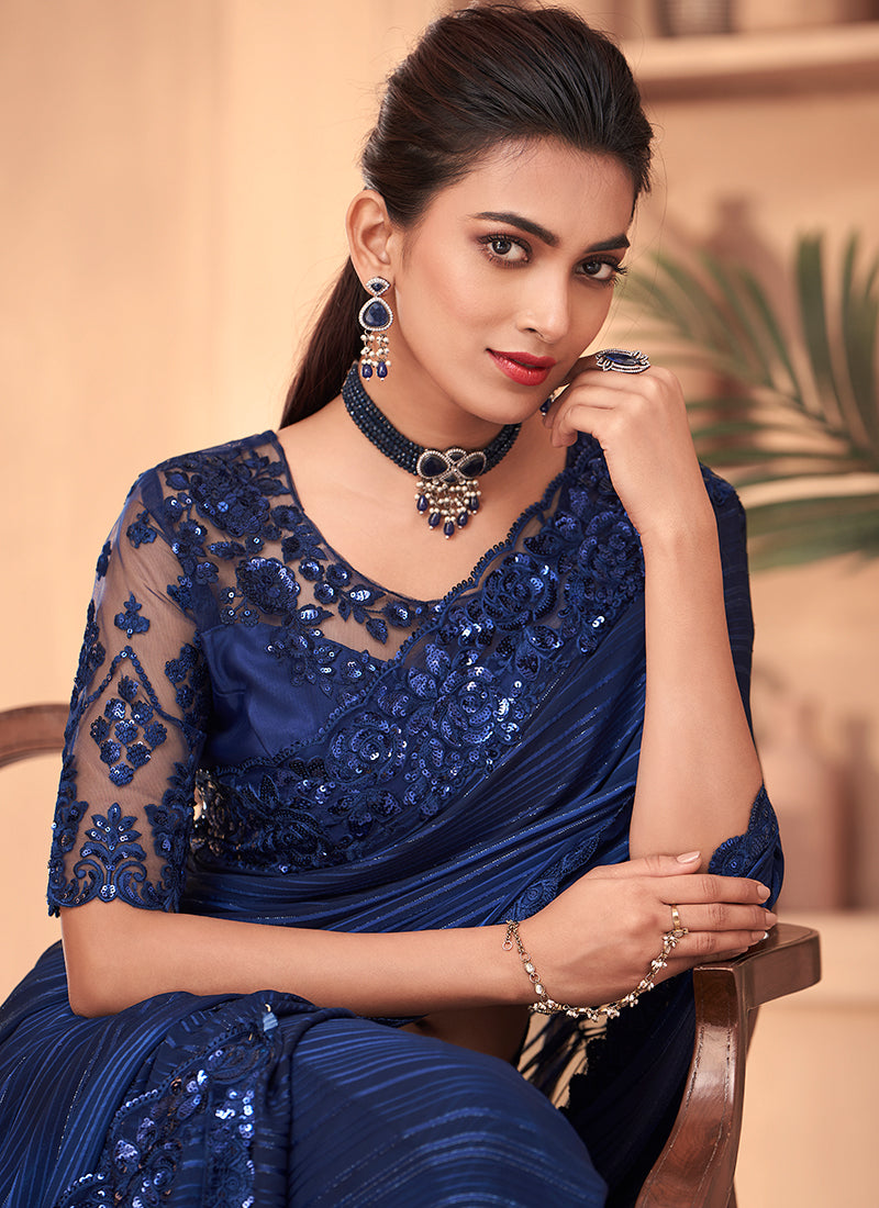 Dark Blue Sequence Embroidery Traditional Wedding Saree