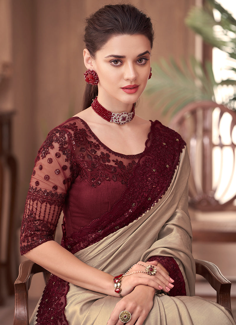 Beige Maroon Sequence Embroidery Traditional Wedding Saree