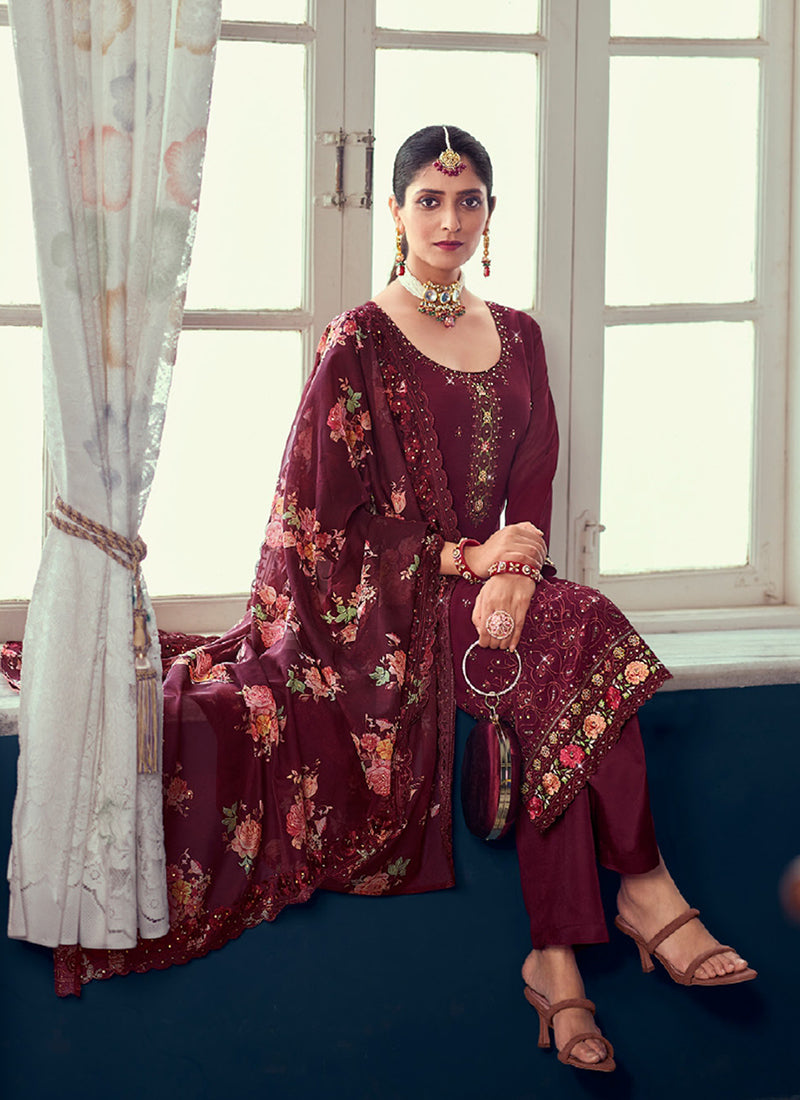 Maroon Multi Floral Embroidery Pant Style Suit