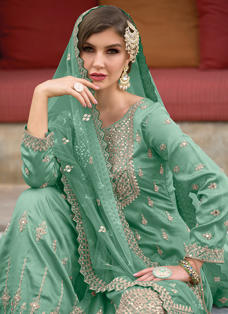 Mint Green Embroidery Festive Sharara Style Suit