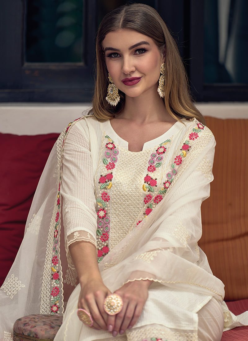 White Multi Chikankari Embroidery Cotton Salwar Suit