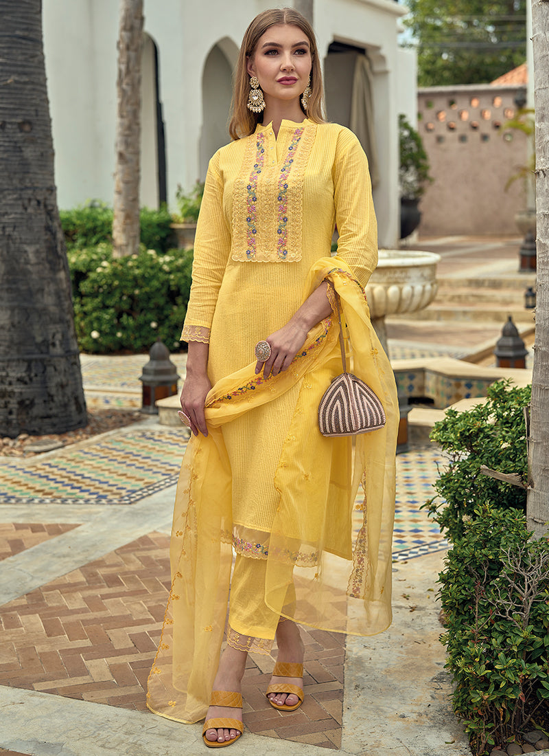 Yellow Chikankari Embroidery Cotton Salwar Suit