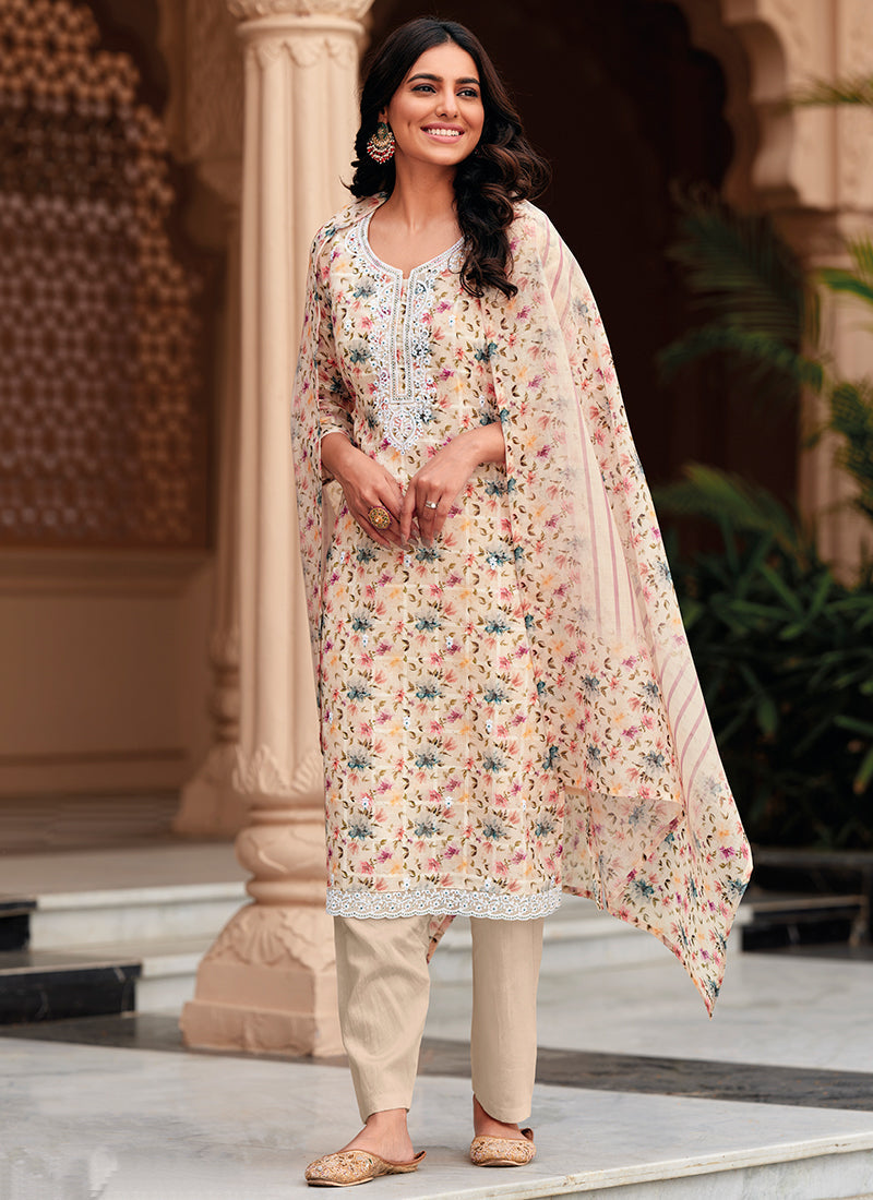 Cream Floral Handwork Embroidery Pakistani Pant Style Suit