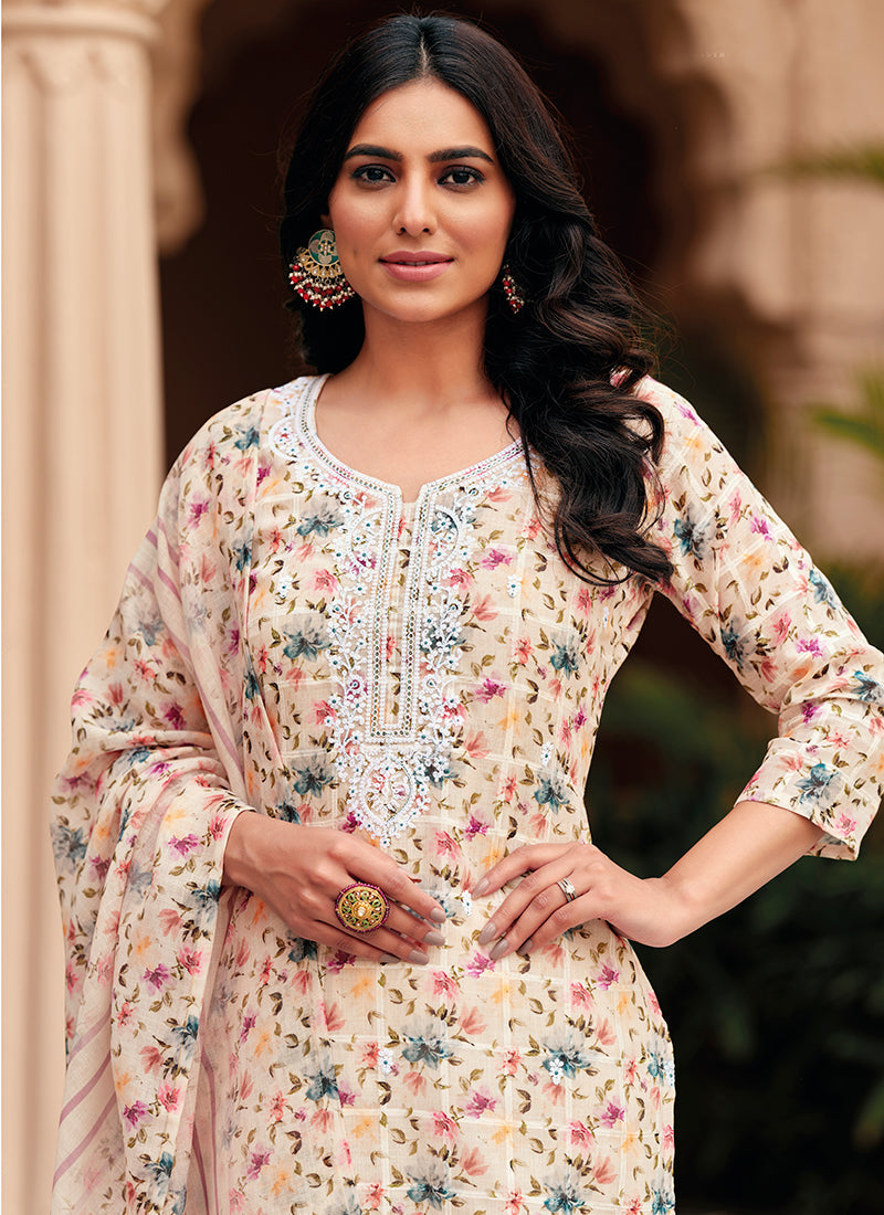 Cream Floral Handwork Embroidery Pakistani Pant Style Suit