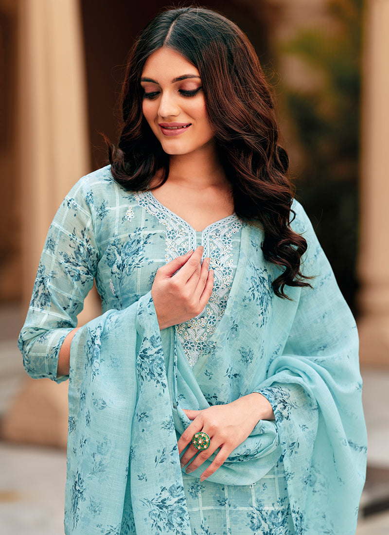 Blue Floral Handwork Embroidery Pakistani Pant Style Suit