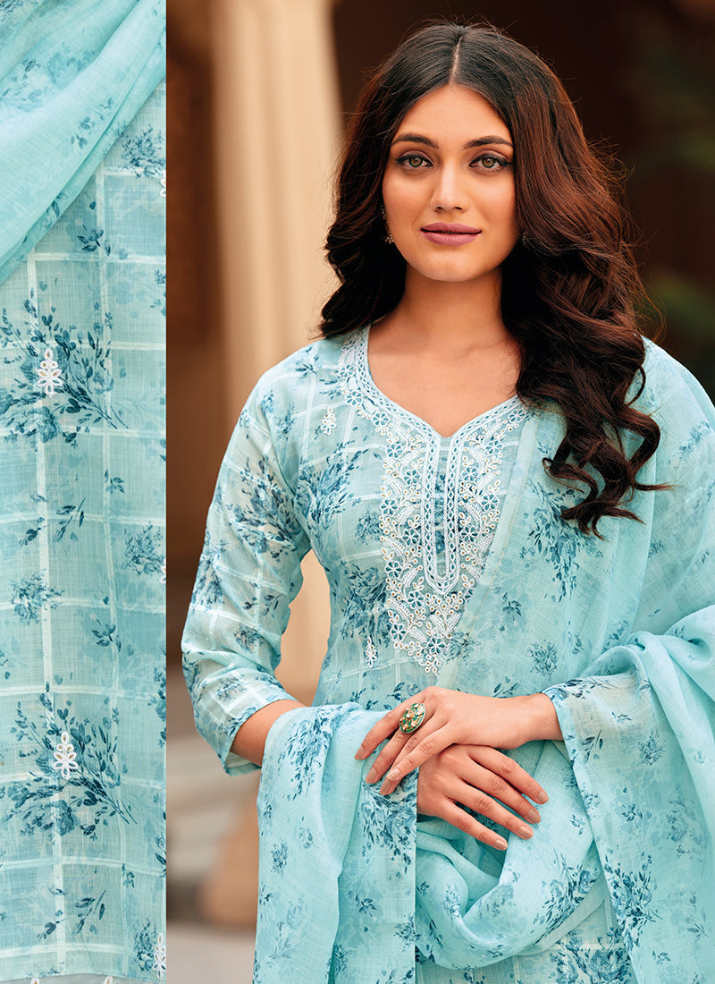 Blue Floral Handwork Embroidery Pakistani Pant Style Suit