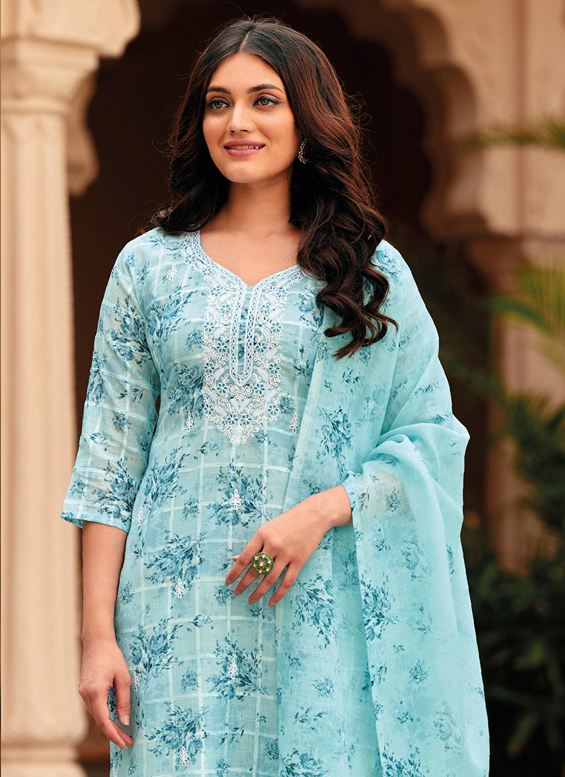 Blue Floral Handwork Embroidery Pakistani Pant Style Suit