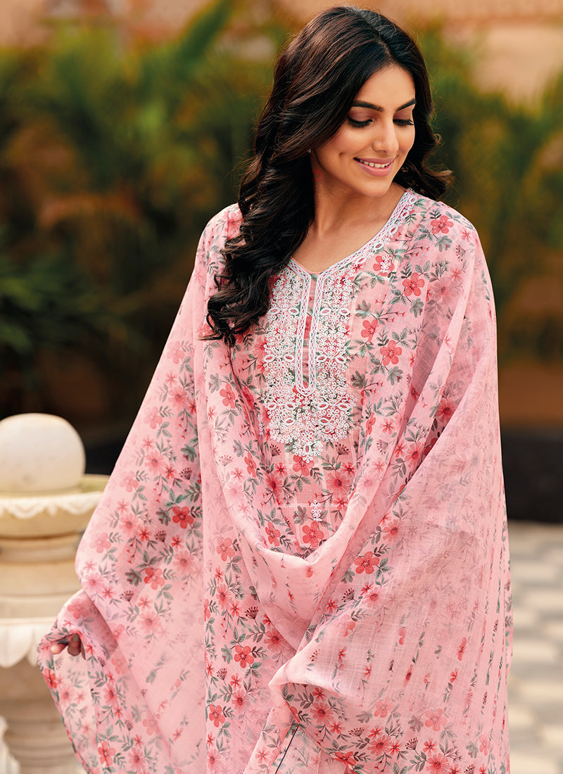 Pink Floral Handwork Embroidery Pakistani Pant Style Suit