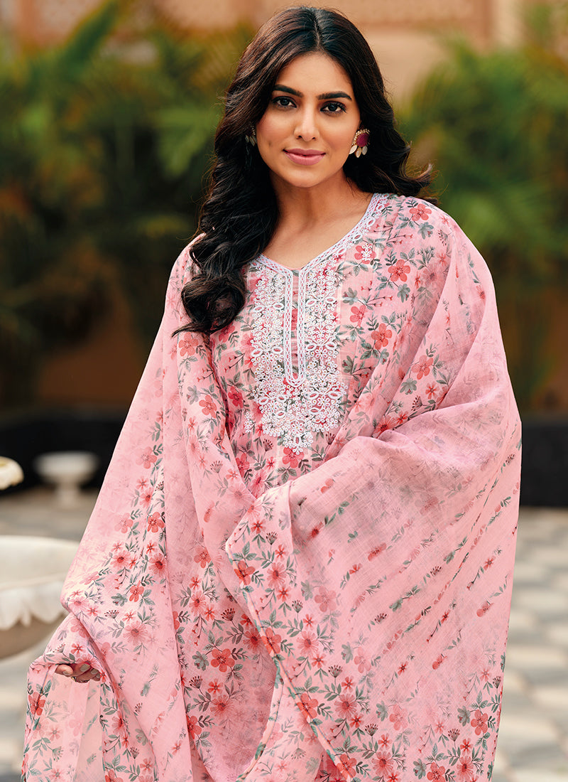 Pink Floral Handwork Embroidery Pakistani Pant Style Suit