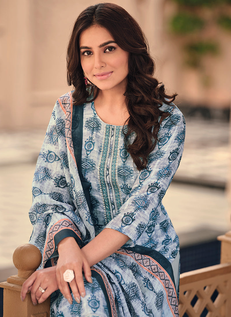 Blue Floral Handwork Embroidery Pakistani Pant Style Suit