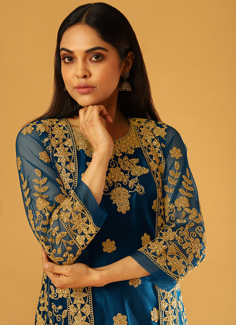 Royal Blue Embroidery Jacket Style Festive Pant Suit