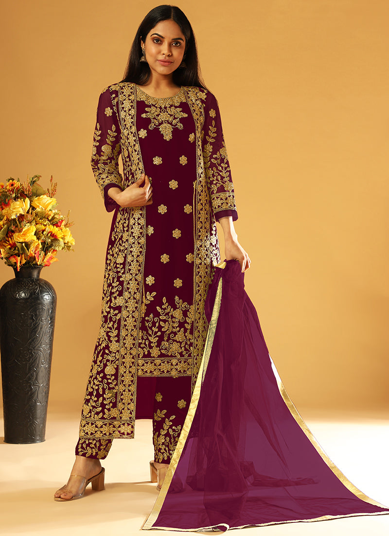 Deep Wine Embroidery Jacket Style Festive Pant Suit