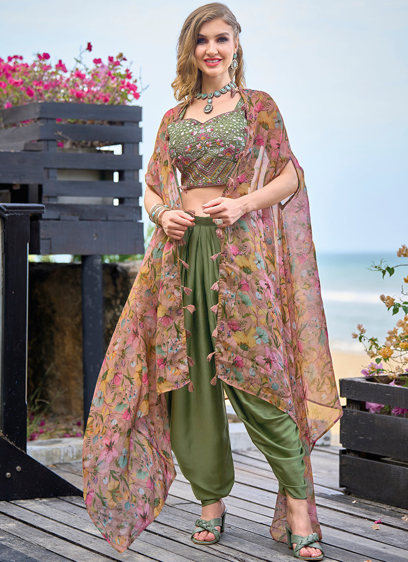 Sage Green Multi Embroidered Cape Style Co-Ord Dhoti Set