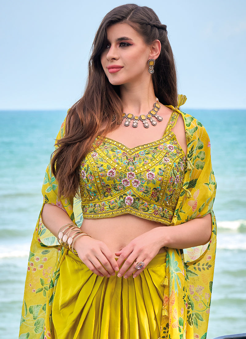 Neon Yellow Multi Embroidered Cape Style Co-Ord Dhoti Set