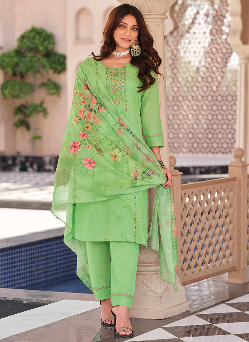 Light Green Multi Floral Embroidery Cotton Salwar Kameez