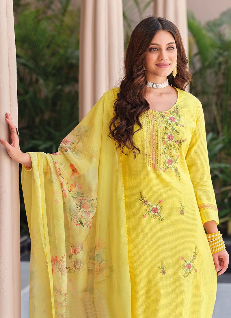 Yellow  Multi Floral Embroidery Cotton Salwar Kameez