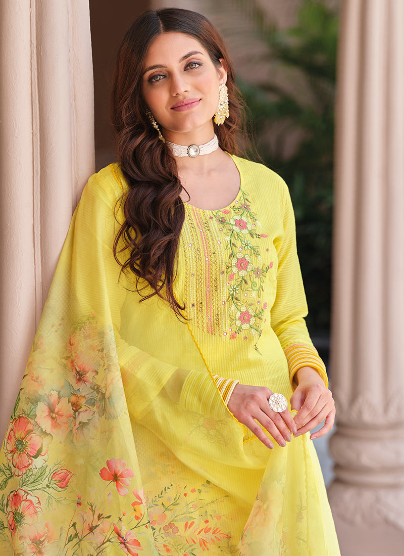 Yellow  Multi Floral Embroidery Cotton Salwar Kameez