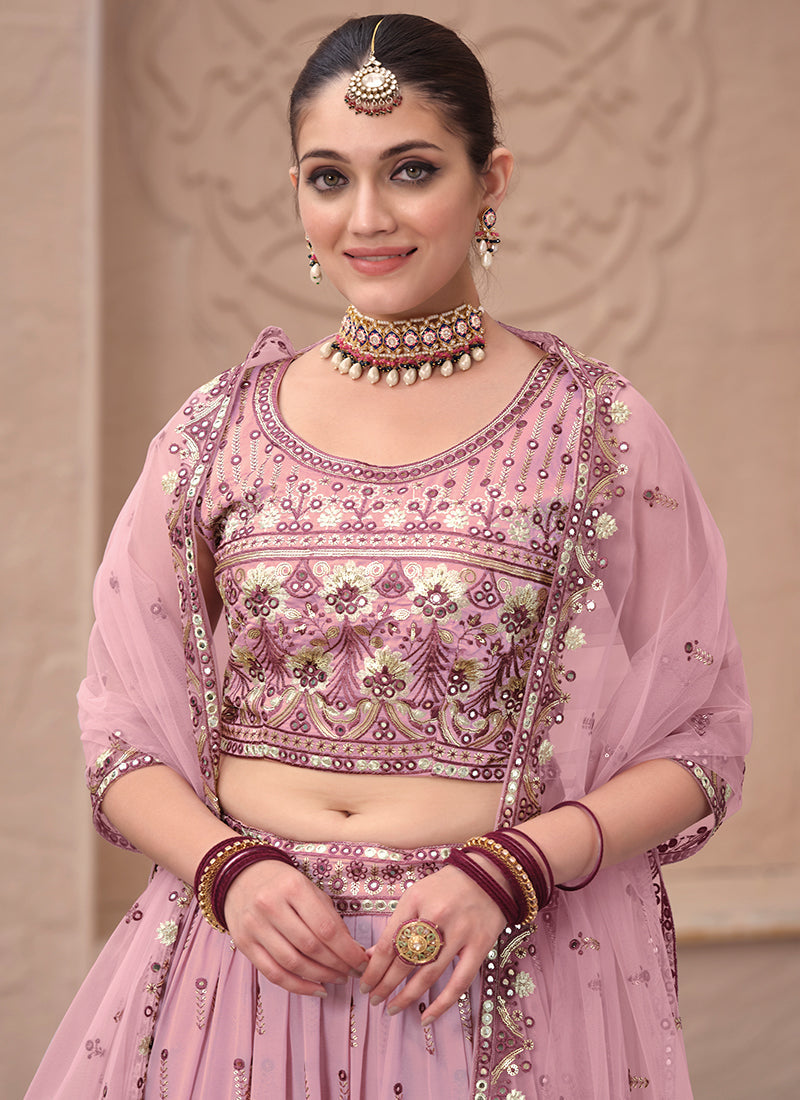 Dusty Pink Mirror Work Embroidery Festive Lehenga Choli