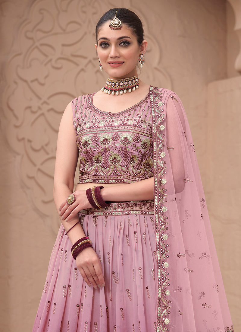 Dusty Pink Mirror Work Embroidery Festive Lehenga Choli