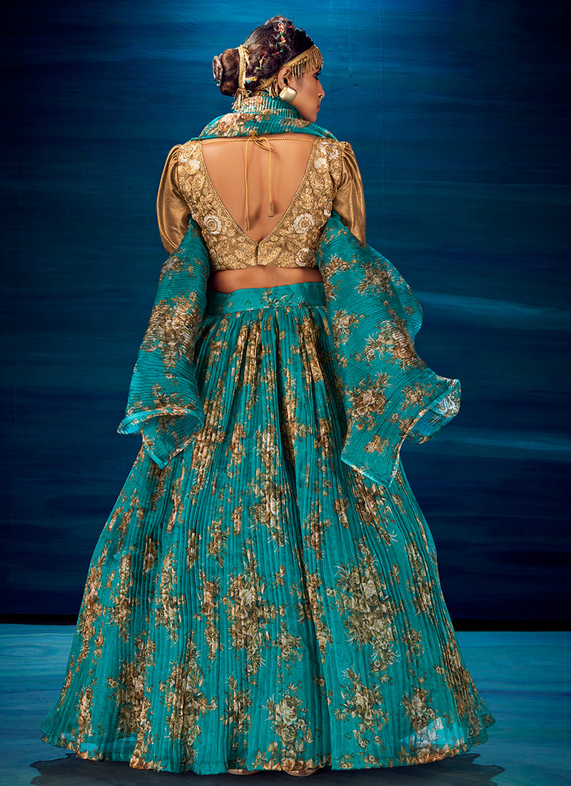 Turquoise Sequence Embroidered Festive Lehenga Choli