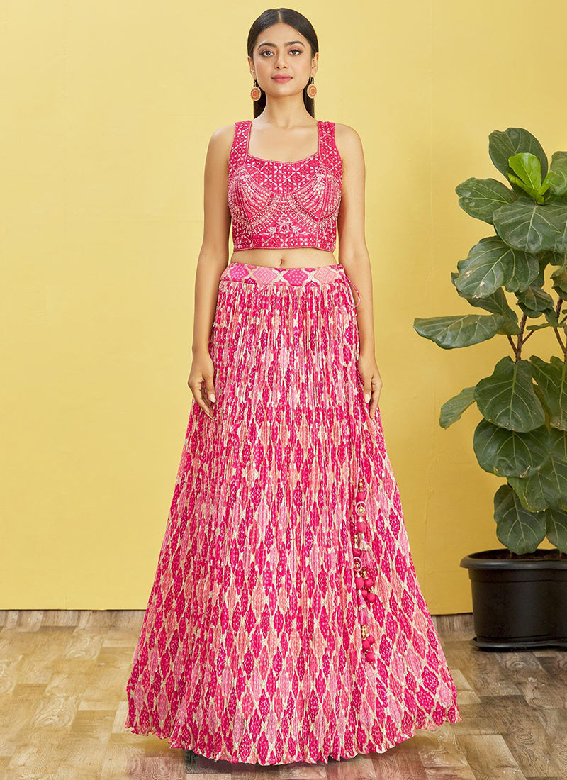 Hot Pink Multi Embroidery Printed Lehenga Choli