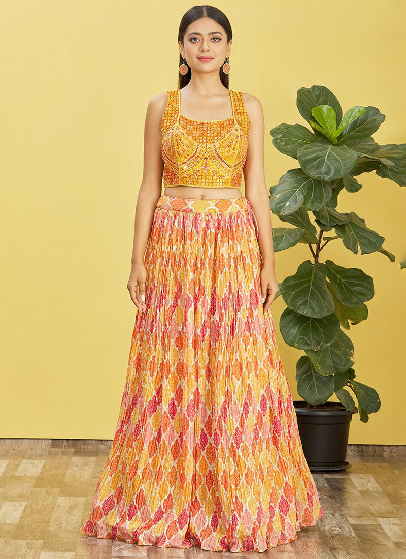 Yellow Multi Embroidery Printed Lehenga Choli