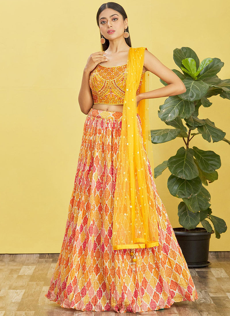 Yellow Multi Embroidery Printed Lehenga Choli